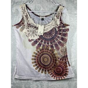 Mismash NWT Floral Off White Nashi Round Neck Tank Top Size Lg Retails $51
